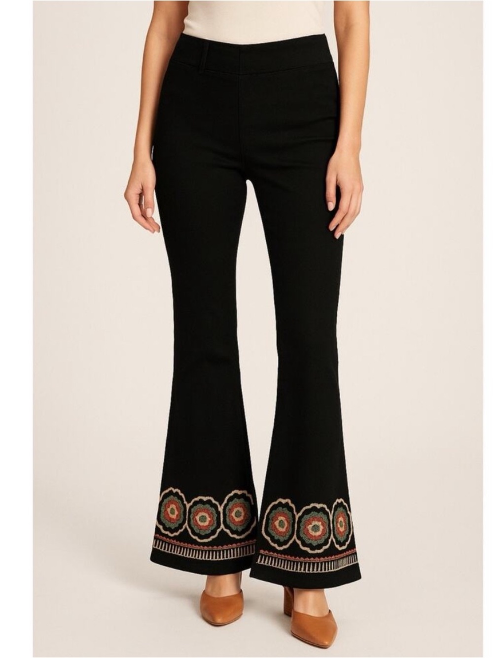 Driftwood Is Wyatt Pull on Flared Embroidered Boho Black Jeans